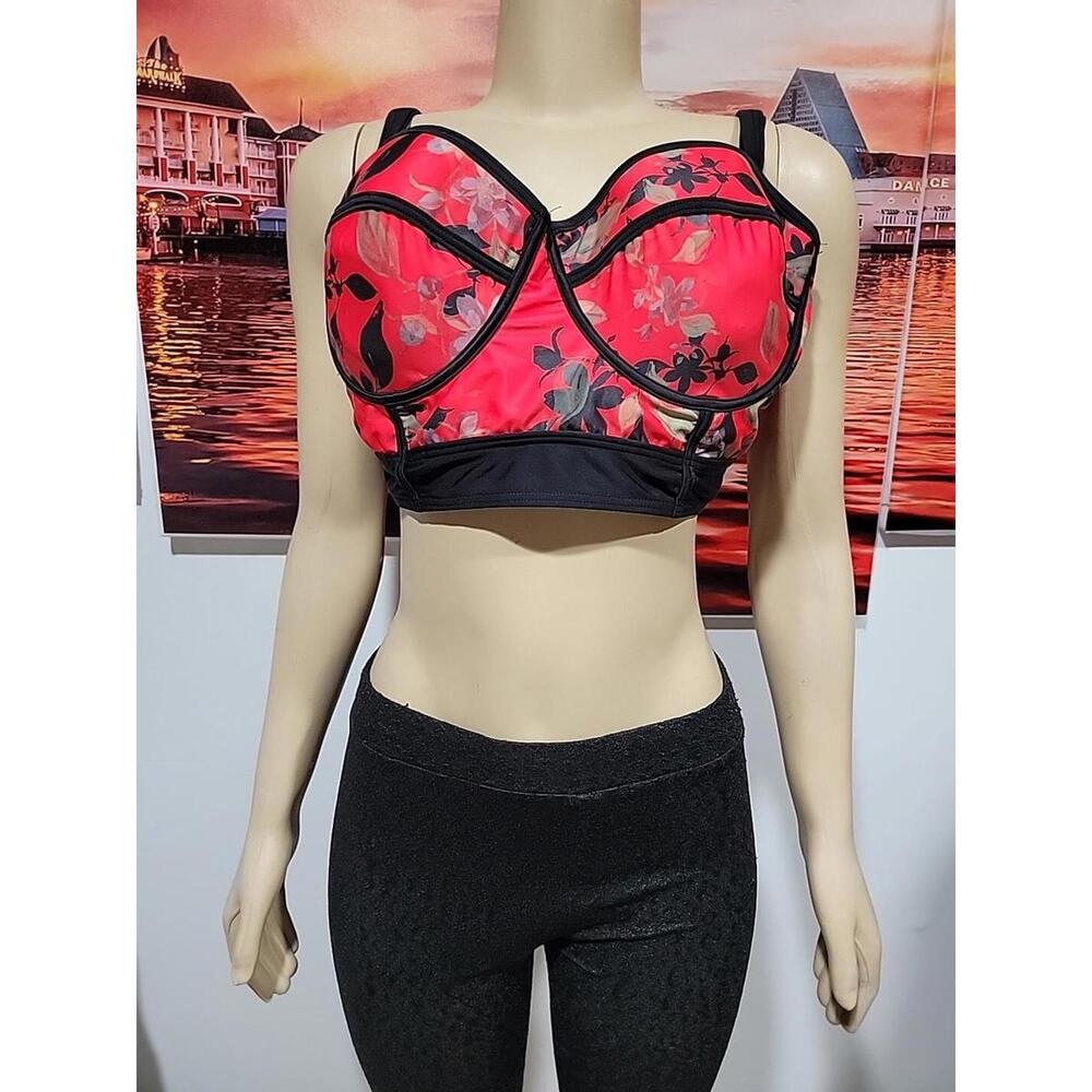 Modcloth High Drive Pink Green Retro Print Bikini Bra Top 1X Padded Push Up #1